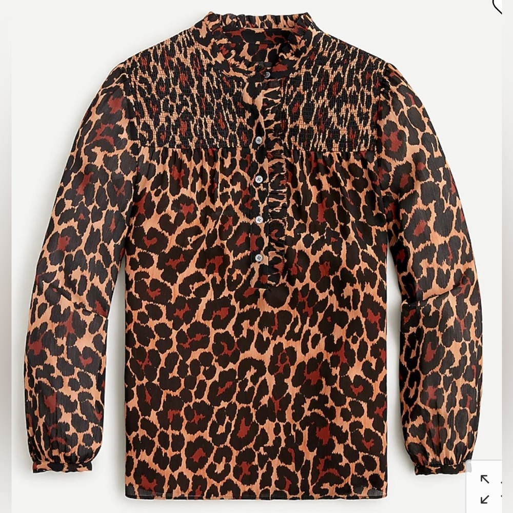 J.Crew smocked popover top in leopard crinkle chiffon NWT in packaging Sz XXS
